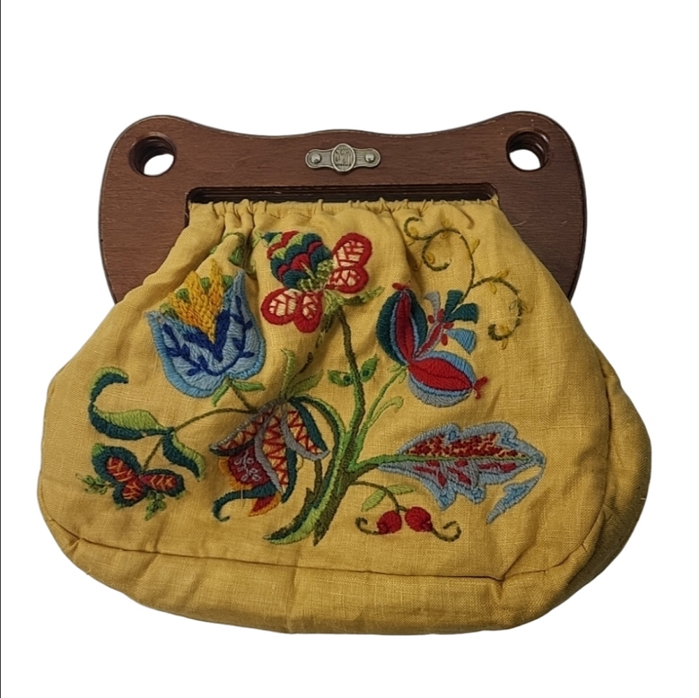 Womens Purse Wooden Handle Flower Embroidery Sewing Knitting Vintage Handbag